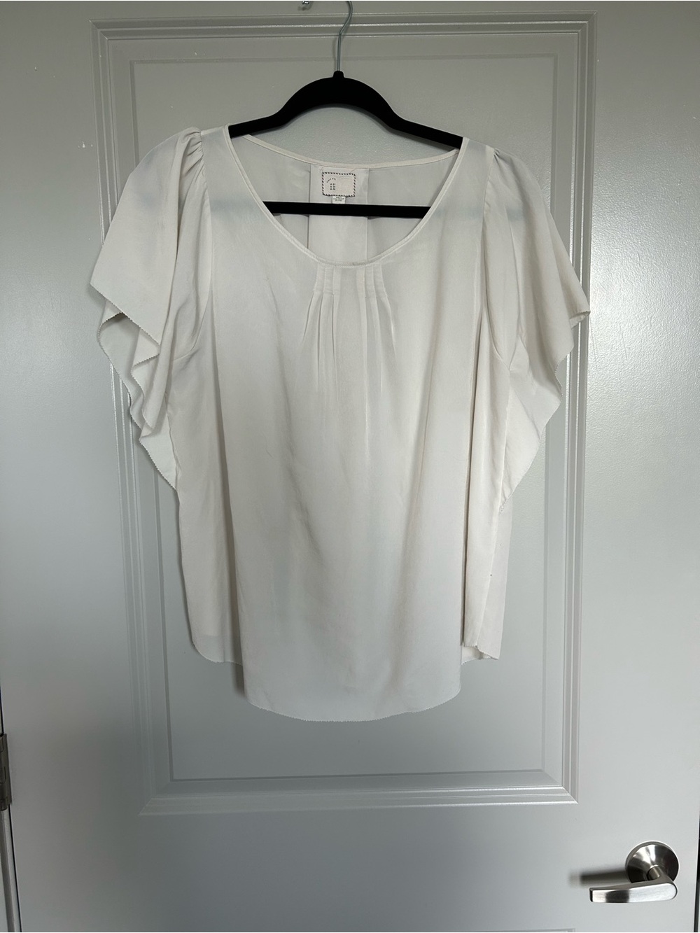 Anthropologie White Ruffled Sleeve Scoop-Neck Blouse